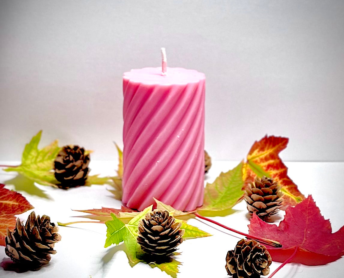 Sweet Pink Lady Bourbon- Hand Crafted Pink 4 oz Spiral Pillar Candle (Scented)- CD-0016-AMB